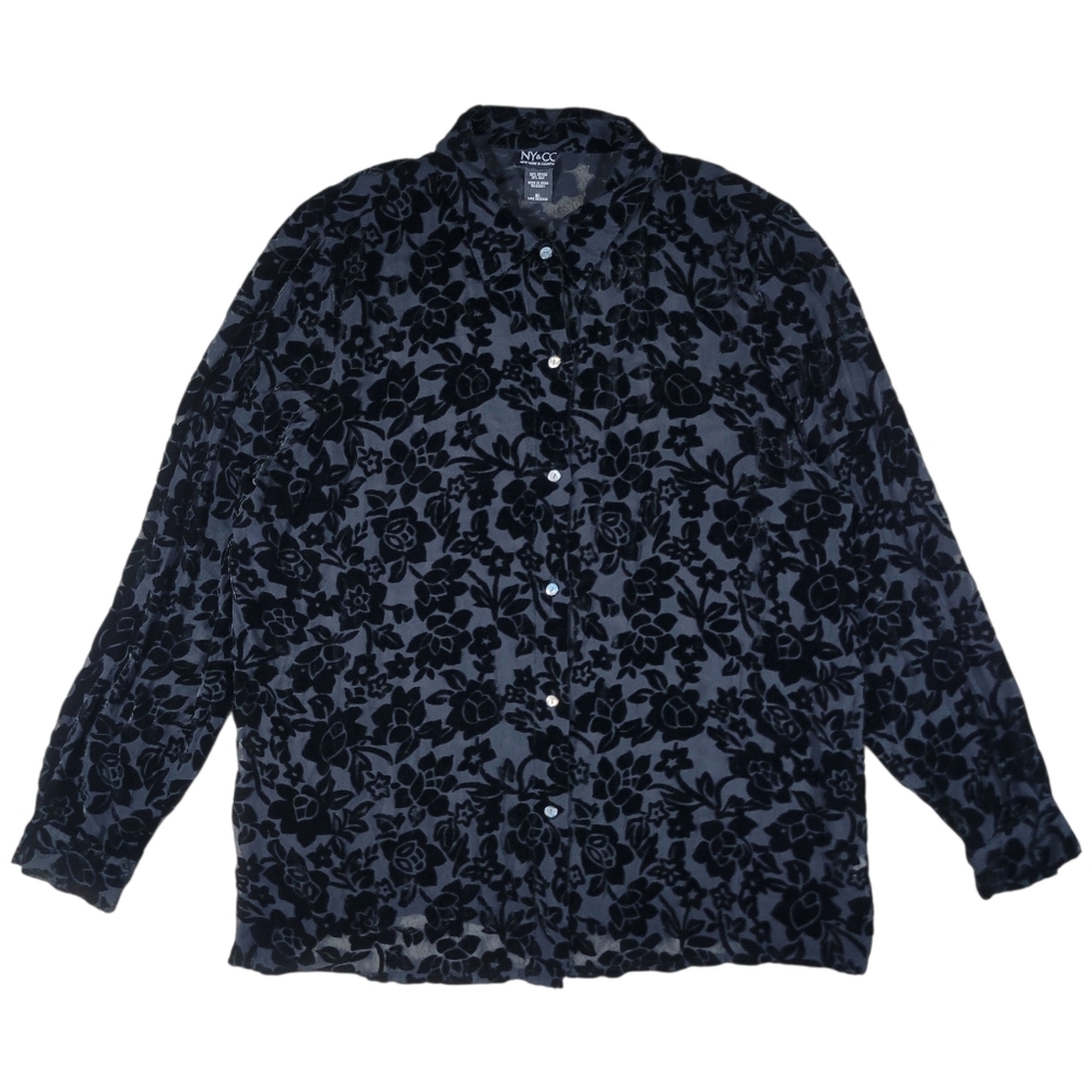 NY Co Burnout Velvet Shirt Womens XL Black Floral Button Up Sheer Whimsigoth Top